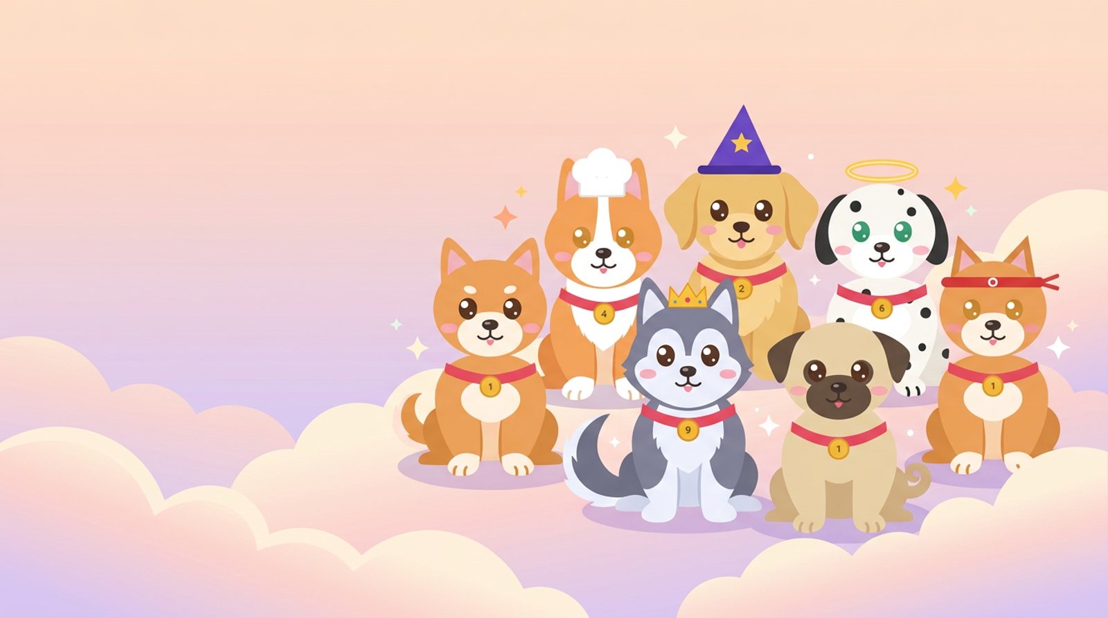 Belyore kawaii pups with star collars on the clouds